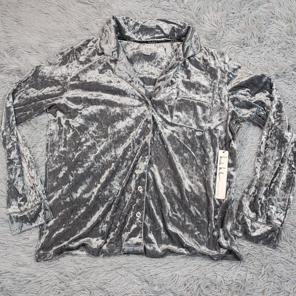 Nicole Miller Shirt Womens L Silver Button Up Sleepwear V Neck Top Soft New